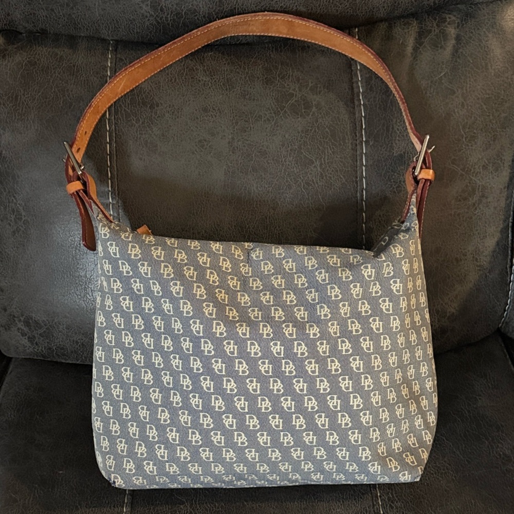 Dooney & Bourke D&B Blue Gray Beige Canvas Monogram Shoulder Handbag Bag Purse